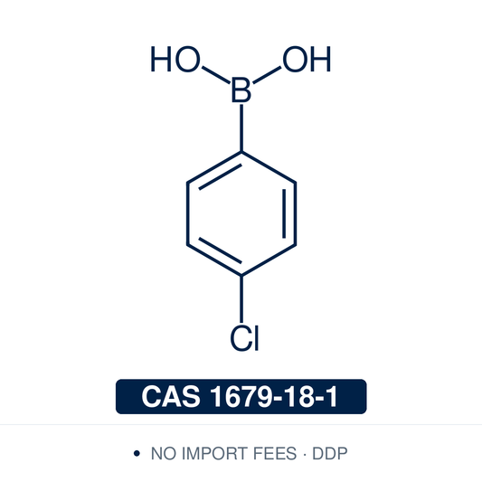 Chemical structure of 4-Chlorophenylboronic Acid, CAS 1679-18-1, ≥98% — para-chloro-substituted arylboronic acid used in Pd-catalysed Suzuki-Miyaura coupling, Cu Chan-Lam C–N/C–O coupling, Rh/Ni conjugate additions, and photoredox arylation in pharma/materials synthesis, with the chloro handle valuable as a synthetic latch for further cross-coupling. Supplied by NorrChemica with DDP shipping. CoA and SDS provided.​​​​​​​​​​​​​​​​