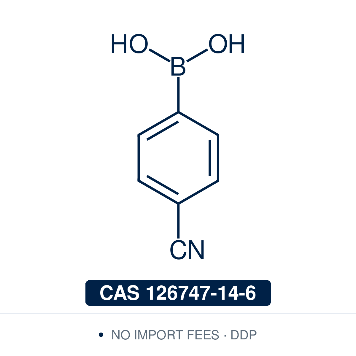 Chemical structure of 4-Cyanophenylboronic Acid, CAS 126747-14-6, ≥98% — strongly electron-poor para-cyano arylboronic acid used in Pd-catalysed Suzuki-Miyaura coupling, Cu Chan-Lam C–N/C–O coupling, Rh/Ni conjugate additions, and photoredox arylation in pharma/materials synthesis, with the nitrile handle valuable for further transformation to amides, amines, tetrazoles, and heterocyclic scaffolds. Supplied by NorrChemica with DDP shipping. CoA and SDS provided.​​​​​​​​​​​​​​​​
