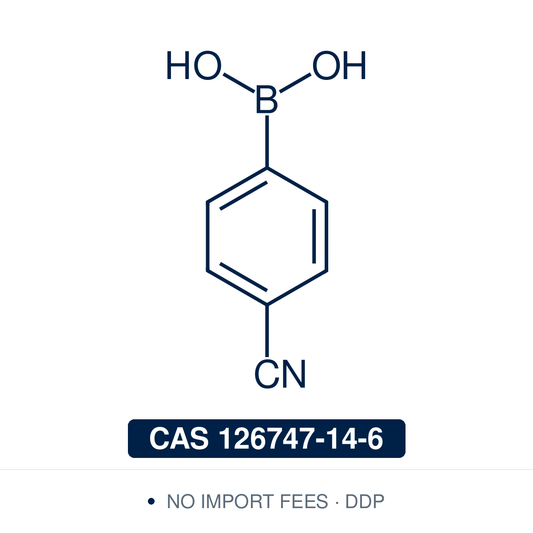 Chemical structure of 4-Cyanophenylboronic Acid, CAS 126747-14-6, ≥98% — strongly electron-poor para-cyano arylboronic acid used in Pd-catalysed Suzuki-Miyaura coupling, Cu Chan-Lam C–N/C–O coupling, Rh/Ni conjugate additions, and photoredox arylation in pharma/materials synthesis, with the nitrile handle valuable for further transformation to amides, amines, tetrazoles, and heterocyclic scaffolds. Supplied by NorrChemica with DDP shipping. CoA and SDS provided.​​​​​​​​​​​​​​​​