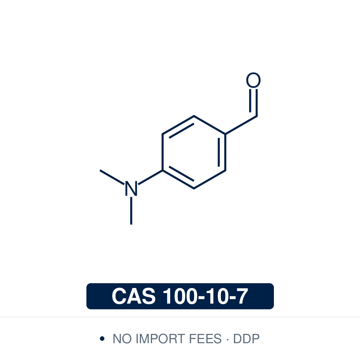 Chemical structure of 4-(Dimethylamino)benzaldehyde (DMAB, C₉H₁₁NO), CAS 100-10-7, ≥97% — active component of the Ehrlich reagent and an ingredient of Kovács' reagent, used to detect indoles, pyrroles, porphobilinogen and hydrazine, in the indole test for bacteria, in the spectrophotometric determination of hydrazine and sulfonamides, to form Schiff bases with primary amines, and as a starting material for hemicyanine dyes. Supplied by NorrChemica with DDP shipping. CoA and SDS provided.