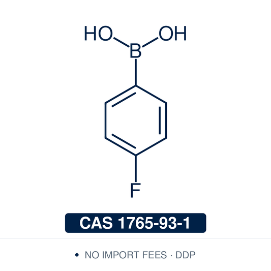 Chemical structure of 4-Fluorophenylboronic Acid, CAS 1765-93-1, ≥98% — para-fluoro-substituted arylboronic acid used in Pd-catalysed Suzuki-Miyaura coupling, Cu Chan-Lam C–N/C–O coupling, Rh/Ni conjugate additions, and photoredox arylation in pharma/materials synthesis, with the fluorine handle valuable for ¹⁹F NMR studies and PET-tracer precursor work. Supplied by NorrChemica with DDP shipping. CoA and SDS provided.​​​​​​​​​​​​​​​​