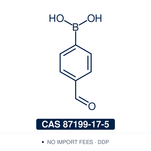 Chemical structure of 4-Formylphenylboronic Acid, CAS 87199-17-5, ≥98% — strongly electron-poor para-formyl arylboronic acid used in Pd-catalysed Suzuki-Miyaura coupling, Cu Chan-Lam C–N/C–O coupling, Rh/Ni conjugate additions, and photoredox arylation in pharma/materials synthesis, with the aldehyde handle valuable for reductive amination, Wittig olefination, oxime/hydrazone ligation, and bioconjugation in chemical biology and saccharide recognition. Supplied by NorrChemica with DDP shipping. CoA and SDS.