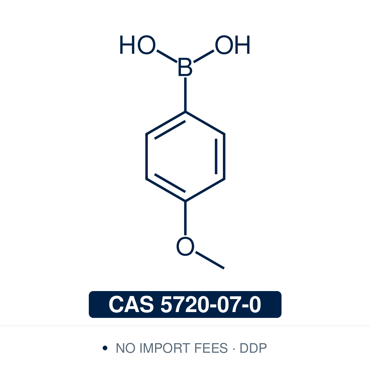 Chemical structure of 4-Methoxyphenylboronic Acid, CAS 5720-07-0, ≥98% — electron-rich para-methoxy arylboronic acid widely used in Pd-catalysed Suzuki-Miyaura cross-coupling, Cu-catalysed Chan-Lam C–N and C–O coupling, Rh- and Ni-catalysed conjugate additions, and photoredox-mediated arylation reactions in pharmaceutical and materials synthesis. Supplied by NorrChemica with DDP shipping. CoA and SDS provided.​​​​​​​​​​​​​​​​