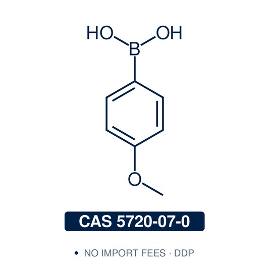 Chemical structure of 4-Methoxyphenylboronic Acid, CAS 5720-07-0, ≥98% — electron-rich para-methoxy arylboronic acid widely used in Pd-catalysed Suzuki-Miyaura cross-coupling, Cu-catalysed Chan-Lam C–N and C–O coupling, Rh- and Ni-catalysed conjugate additions, and photoredox-mediated arylation reactions in pharmaceutical and materials synthesis. Supplied by NorrChemica with DDP shipping. CoA and SDS provided.​​​​​​​​​​​​​​​​