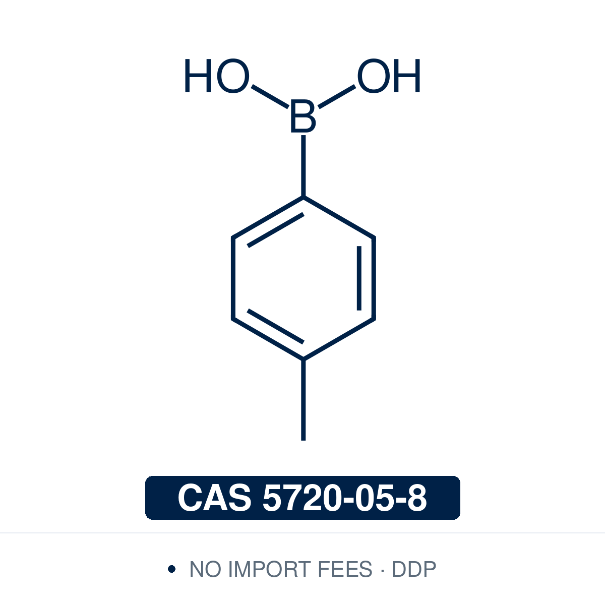 Chemical structure of 4-Methylphenylboronic Acid (p-Tolylboronic acid), CAS 5720-05-8, ≥98% — electron-rich para-methyl arylboronic acid used in Pd-catalysed Suzuki-Miyaura coupling, Cu Chan-Lam C–N/C–O coupling, Rh/Ni conjugate additions, and photoredox arylation in pharma/materials synthesis. Supplied by NorrChemica with DDP shipping. CoA and SDS provided.​​​​​​​​​​​​​​​​