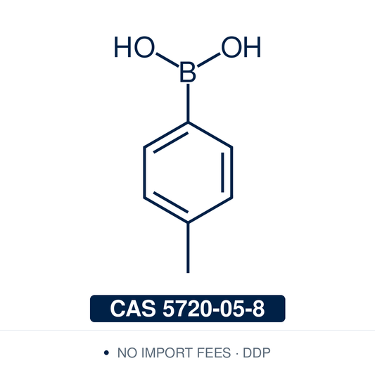 Chemical structure of 4-Methylphenylboronic Acid (p-Tolylboronic acid), CAS 5720-05-8, ≥98% — electron-rich para-methyl arylboronic acid used in Pd-catalysed Suzuki-Miyaura coupling, Cu Chan-Lam C–N/C–O coupling, Rh/Ni conjugate additions, and photoredox arylation in pharma/materials synthesis. Supplied by NorrChemica with DDP shipping. CoA and SDS provided.​​​​​​​​​​​​​​​​