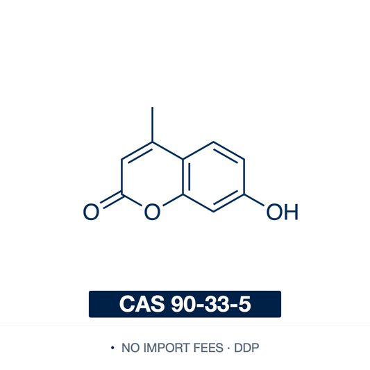 Chemical structure of 4-Methylumbelliferone, CAS 90-33-5, ≥98% — 7-hydroxy-4-methyl-2H-chromen-2-one (4-MU), a pH-sensitive blue-fluorescent coumarin and the fluorogenic aglycone released by glycosidase, sulfatase and phosphatase substrates, also a hyaluronan-synthase inhibitor in cell biology. Supplied by NorrChemica with DDP shipping. CoA and SDS provided.