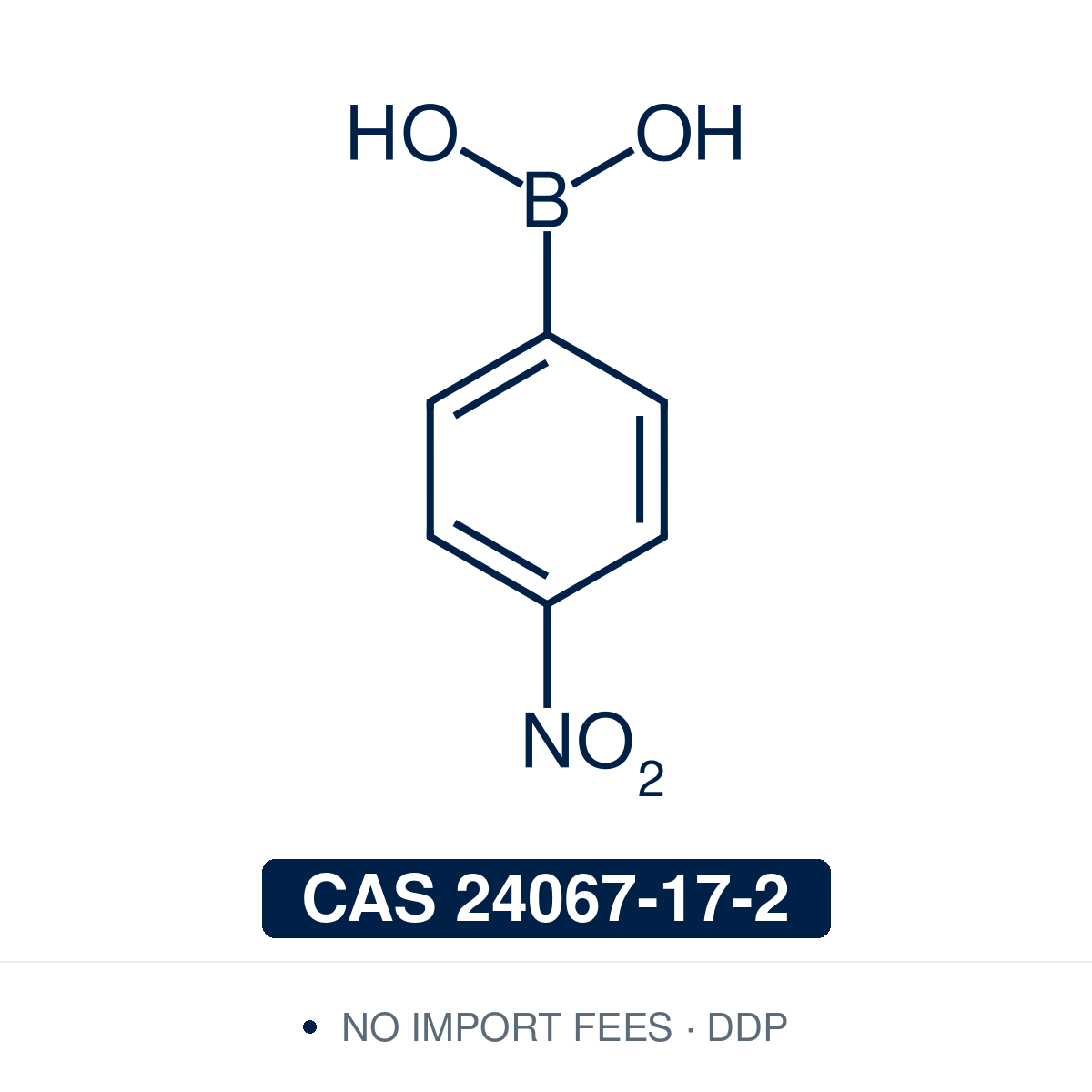 Chemical structure of 4-Nitrophenylboronic Acid, CAS 24067-17-2, ≥98% — strongly electron-poor para-nitro arylboronic acid used in Pd-catalysed Suzuki-Miyaura coupling, Cu Chan-Lam C–N/C–O coupling, Rh/Ni conjugate additions, and photoredox arylation in pharma/materials synthesis, with the nitro handle valuable for reduction to anilines and downstream construction of nitrogen-containing scaffolds. Supplied by NorrChemica with DDP shipping. CoA and SDS provided.