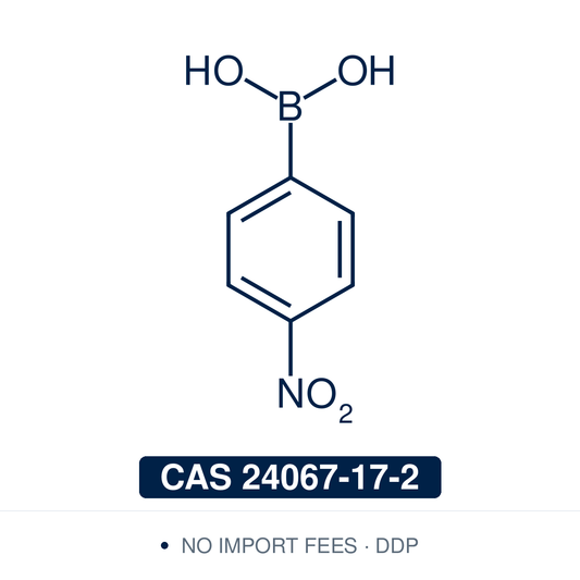 Chemical structure of 4-Nitrophenylboronic Acid, CAS 24067-17-2, ≥98% — strongly electron-poor para-nitro arylboronic acid used in Pd-catalysed Suzuki-Miyaura coupling, Cu Chan-Lam C–N/C–O coupling, Rh/Ni conjugate additions, and photoredox arylation in pharma/materials synthesis, with the nitro handle valuable for reduction to anilines and downstream construction of nitrogen-containing scaffolds. Supplied by NorrChemica with DDP shipping. CoA and SDS provided.