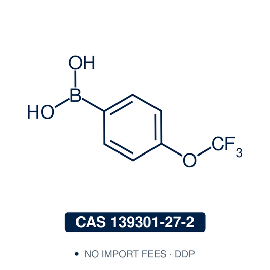 Chemical structure of 4-Trifluoromethoxyphenylboronic Acid, CAS 139301-27-2, ≥98% — electron-poor para-trifluoromethoxy arylboronic acid used in Pd-catalysed Suzuki-Miyaura coupling, Cu Chan-Lam C–N/C–O coupling, Rh/Ni conjugate additions, and photoredox arylation in pharma/materials synthesis, with the OCF₃ group valuable as a medicinal-chemistry bioisostere for tuning lipophilicity, metabolic stability, and ¹⁹F NMR studies. Supplied by NorrChemica with DDP shipping. CoA and SDS provided.
