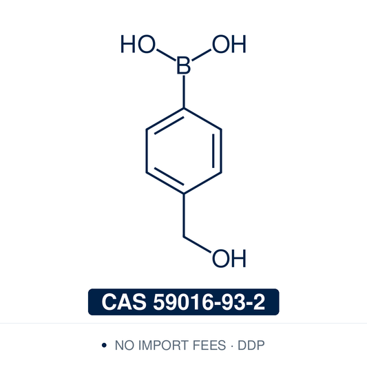 Chemical structure of 4-(Hydroxymethyl)phenylboronic Acid, CAS 59016-93-2, ≥96% — para-hydroxymethyl arylboronic acid used in Pd-catalysed Suzuki-Miyaura coupling, Cu Chan-Lam C–N/C–O coupling, Rh/Ni conjugate additions, and photoredox arylation in pharma/materials synthesis, with the hydroxymethyl handle valuable as a dual-reactive site for late-stage diversification through esterification, oxidation, and ether formation. Supplied by NorrChemica with DDP shipping. CoA and SDS provided.
