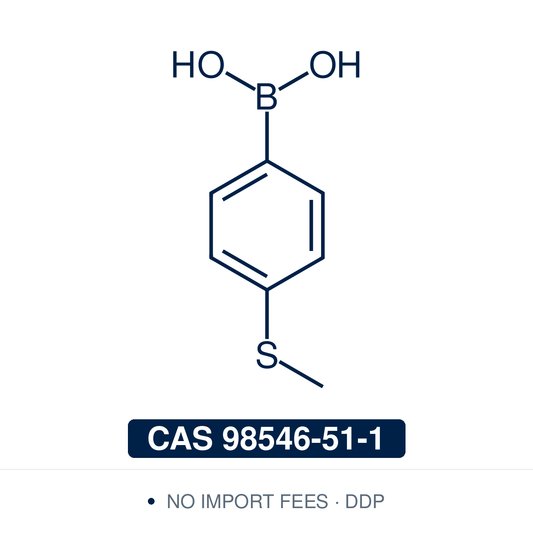 Chemical structure of 4-(Methylthio)phenylboronic Acid (4-(methylsulfanyl)phenylboronic acid; 4-thioanisoleboronic acid), CAS 98546-51-1, ≥97% — arylboronic acid (C7H9BO2S) with a methylthio (-SCH3) group at the para position, drawn as the free boronic acid (may contain some cyclic anhydride/boroxine). A Suzuki-Miyaura cross-coupling building block for installing the 4-(methylthio)phenyl group, also used in diol/saccharide recognition. Supplied by NorrChemica with DDP shipping. CoA and SDS provided.