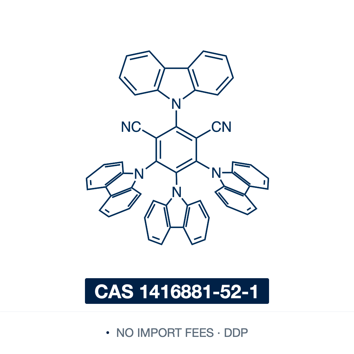 Chemical structure of 4CzIPN (2,4,5,6-tetra(9H-carbazol-9-yl)isophthalonitrile), CAS 1416881-52-1, ≥97% — metal-free organic photoredox catalyst and green TADF emitter (C56H32N6), a donor-acceptor molecule with four carbazole donors around a dicyanobenzene acceptor, giving a small singlet-triplet gap and a broad redox window. A benchmark visible-light photocatalyst that replaces Ru/Ir polypyridyl complexes in many single-electron-transfer reactions. Supplied by NorrChemica with DDP shipping. CoA and SDS