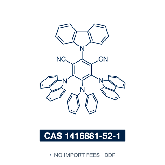 Chemical structure of 4CzIPN (2,4,5,6-tetra(9H-carbazol-9-yl)isophthalonitrile), CAS 1416881-52-1, ≥97% — metal-free organic photoredox catalyst and green TADF emitter (C56H32N6), a donor-acceptor molecule with four carbazole donors around a dicyanobenzene acceptor, giving a small singlet-triplet gap and a broad redox window. A benchmark visible-light photocatalyst that replaces Ru/Ir polypyridyl complexes in many single-electron-transfer reactions. Supplied by NorrChemica with DDP shipping. CoA and SDS