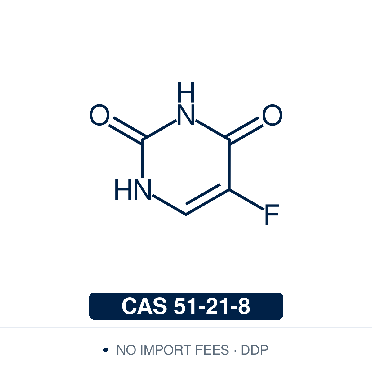 Chemical structure of 5-Fluorouracil, CAS 51-21-8, ≥99% — fluorinated pyrimidine analogue used as a reference compound in nucleobase chemistry, fluorine-substitution effect studies, and synthetic intermediate work in heterocyclic chemistry. Supplied by NorrChemica with DDP shipping. CoA and SDS provided.​​​​​​​​​​​​​​​​and SDS provided.