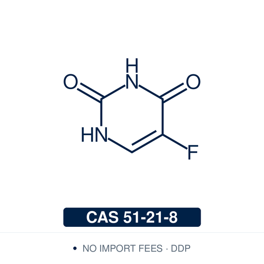 Chemical structure of 5-Fluorouracil, CAS 51-21-8, ≥99% — fluorinated pyrimidine analogue used as a reference compound in nucleobase chemistry, fluorine-substitution effect studies, and synthetic intermediate work in heterocyclic chemistry. Supplied by NorrChemica with DDP shipping. CoA and SDS provided.​​​​​​​​​​​​​​​​and SDS provided.