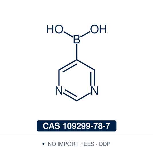 Chemical structure of 5-Pyrimidylboronic Acid, CAS 109299-78-7, ≥98% — heteroaromatic pyrimidine-5-boronic acid used in Pd-catalysed Suzuki-Miyaura coupling, Cu Chan-Lam C–N/C–O coupling, Rh/Ni conjugate additions, and photoredox arylation in pharma/materials synthesis, providing access to 5-substituted pyrimidines as privileged scaffolds in medicinal chemistry, kinase inhibitor design, and nucleobase analogues. Supplied by NorrChemica with DDP shipping. CoA and SDS provided.