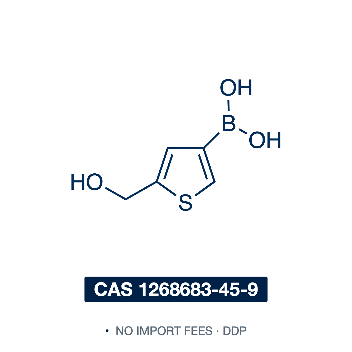 Chemical structure of 5-(Hydroxymethyl)thiophene-3-boronic Acid, CAS 1268683-45-9, ≥98% — bifunctional thiophene boronic acid with a –B(OH)2 at the 3-position and a hydroxymethyl (CH2OH) group at the 5-position (C5H7BO3S; the free boronic acid, may contain some cyclic anhydride/boroxine). A Suzuki–Miyaura cross-coupling building block whose pendant alcohol is a handle for further functionalization in pharmaceutical and organic-electronics synthesis. Supplied by NorrChemica with DDP shipping. CoA and SDS.