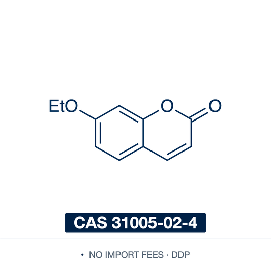 Chemical structure of 7-Ethoxycoumarin, CAS 31005-02-4, ≥99% — 7-ethoxy-2H-chromen-2-one, a classic cytochrome P450 probe substrate for the 7-ethoxycoumarin O-deethylase (ECOD) assay, principally a CYP1A2 readout, releasing fluorescent 7-hydroxycoumarin for drug-metabolism and P450 induction and inhibition profiling. Supplied by NorrChemica with DDP shipping. CoA and SDS provided.