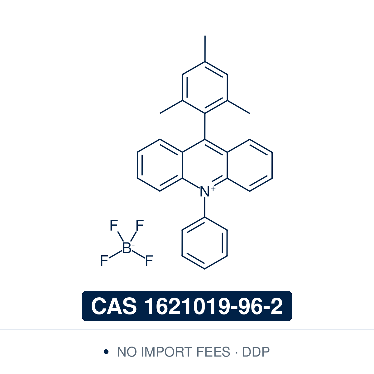 Chemical structure of 9-Mesityl-10-phenylacridinium tetrafluoroborate, CAS 1621019-96-2, ≥98% — an organic, metal-free photoredox catalyst (C28H24BF4N): an acridinium cation carrying a 9-mesityl (2,4,6-trimethylphenyl) group and an N10-phenyl group. On visible-light excitation it acts as an oxidizing single-electron photocatalyst. Its N-phenyl group gives higher chemical stability than the N-methyl acridinium, resisting self-decomposition under reaction conditions. Supplied by NorrChemica with DDP shipping.