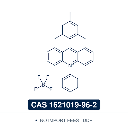 Chemical structure of 9-Mesityl-10-phenylacridinium tetrafluoroborate, CAS 1621019-96-2, ≥98% — an organic, metal-free photoredox catalyst (C28H24BF4N): an acridinium cation carrying a 9-mesityl (2,4,6-trimethylphenyl) group and an N10-phenyl group. On visible-light excitation it acts as an oxidizing single-electron photocatalyst. Its N-phenyl group gives higher chemical stability than the N-methyl acridinium, resisting self-decomposition under reaction conditions. Supplied by NorrChemica with DDP shipping.