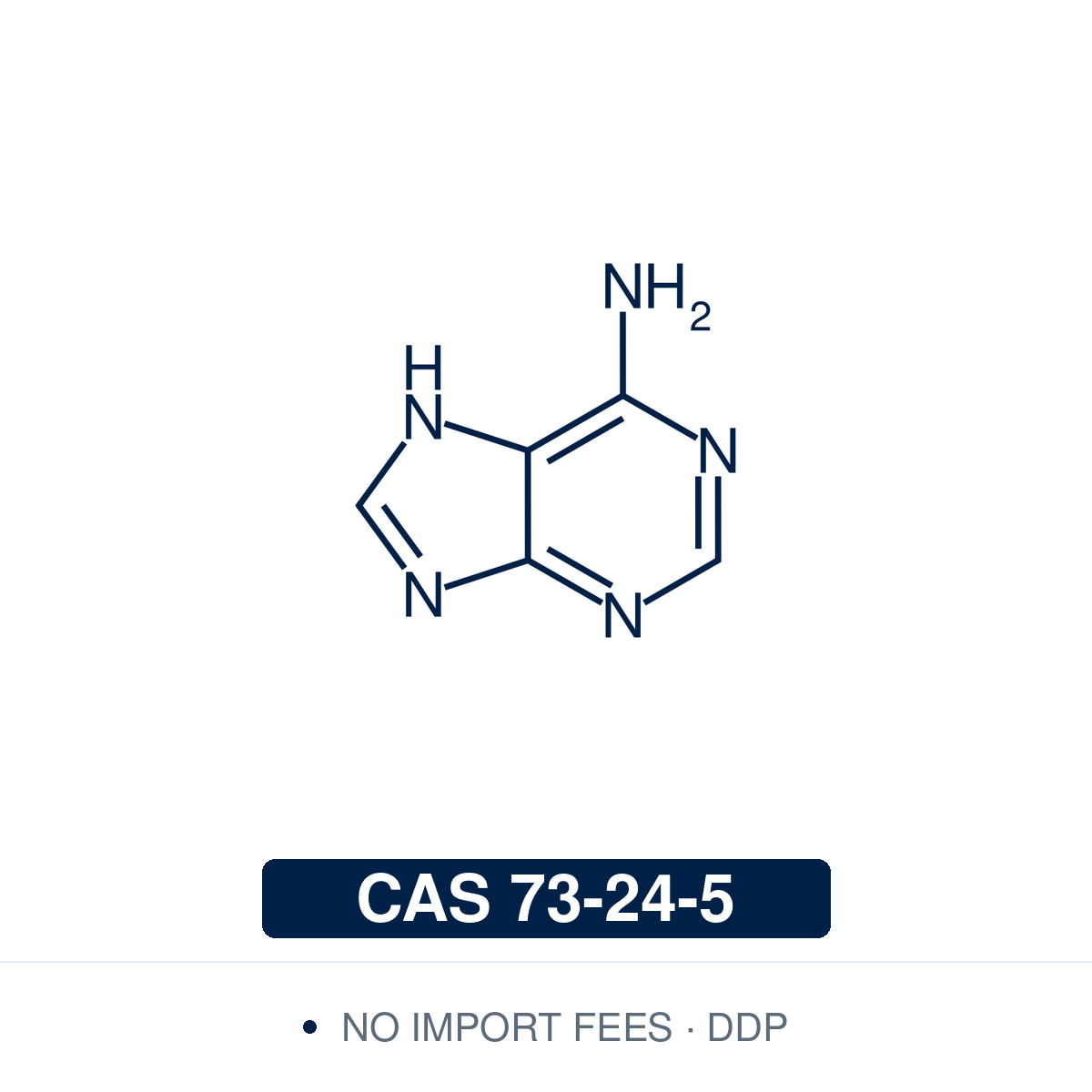 Chemical structure of Adenine, CAS 73-24-5, ≥98% — purine nucleobase of DNA and RNA and a component of NAD, FAD and cAMP, used as a nucleic acid base supplement in growth media. Supplied by NorrChemica with DDP shipping. CoA and SDS provided.