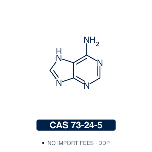 Chemical structure of Adenine, CAS 73-24-5, ≥98% — purine nucleobase of DNA and RNA and a component of NAD, FAD and cAMP, used as a nucleic acid base supplement in growth media. Supplied by NorrChemica with DDP shipping. CoA and SDS provided.