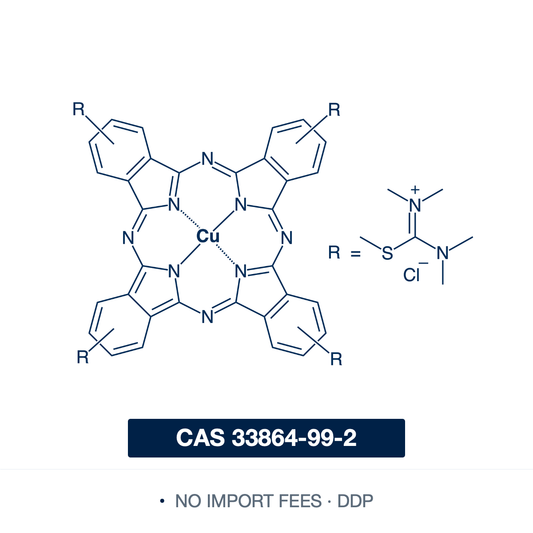 Chemical structure of Alcian Blue 8GX, CAS 33864-99-2, ≥80% dye content — copper phthalocyanine-based cationic dye widely used as a histological stain for acidic mucopolysaccharides, glycosaminoglycans, and cartilage proteoglycans in pathology and developmental biology. Supplied by NorrChemica with DDP shipping. CoA and SDS provided.​​​​​​​​​​​​​​​​