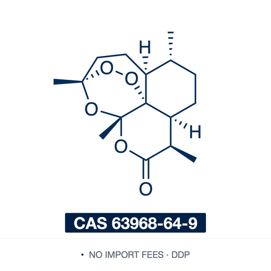 Chemical structure of Artemisinin (qinghaosu), CAS 63968-64-9, ≥97% — sesquiterpene lactone from Artemisia annua with a 1,2,4-trioxane endoperoxide bridge (C15H22O5), the parent compound of the artemisinin antimalarials and the semisynthetic precursor to dihydroartemisinin, artemether and artesunate. Used as a reference standard and as a building block for derivatisation in antimalarial, antiparasitic and medicinal-chemistry research. Supplied by NorrChemica RUO with DDP shipping. CoA and SDS provided.