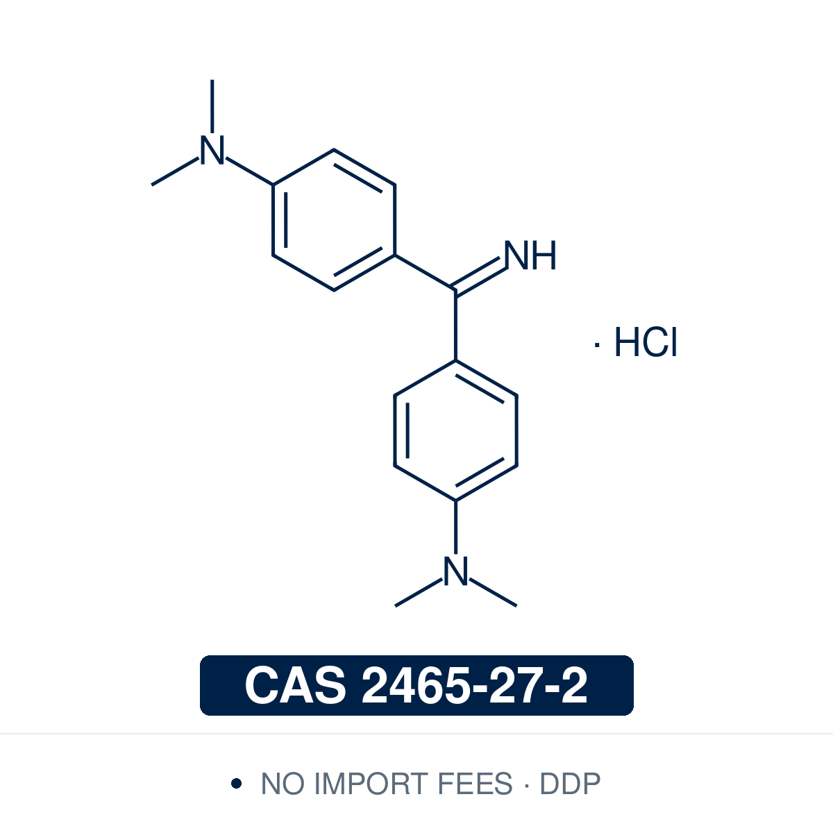 Chemical structure of Auramine O, CAS 2465-27-2, ≥80% dye content — diarylmethane cationic fluorescent dye (C.I. 41000 / Basic Yellow 2) with green emission used as a research-grade fluorescent stain for acid-fast bacilli microscopy in microbiology methodology, histological glycoprotein staining, fluorescent forensic fingerprint visualization, and DNA-binding fluorescence research. Supplied by NorrChemica with DDP shipping to EU, UK, and selected EFTA destinations. CoA and SDS provided.