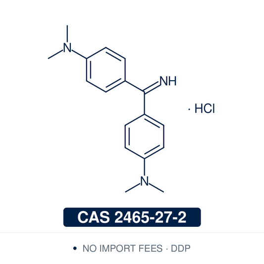 Chemical structure of Auramine O, CAS 2465-27-2, ≥80% dye content — diarylmethane cationic fluorescent dye (C.I. 41000 / Basic Yellow 2) with green emission used as a research-grade fluorescent stain for acid-fast bacilli microscopy in microbiology methodology, histological glycoprotein staining, fluorescent forensic fingerprint visualization, and DNA-binding fluorescence research. Supplied by NorrChemica with DDP shipping to EU, UK, and selected EFTA destinations. CoA and SDS provided.
