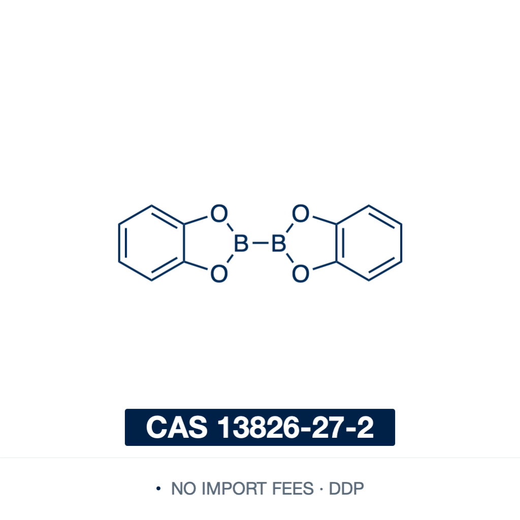 Chemical structure of Bis(catecholato)diboron (B2cat2), CAS 13826-27-2, ≥98% — catechol-ester diboron reagent used for diboration of alkynes and alkenes, Miyaura borylation of aryl halides and triflates, iridium-catalysed C–H borylation, hydroboration, and conversion to pinacol boronates by transesterification, in medicinal chemistry and materials research. Supplied by NorrChemica with DDP shipping. CoA and SDS provided.