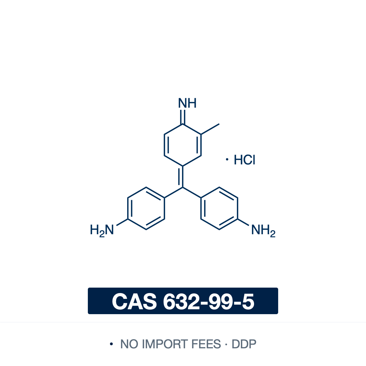 Chemical structure of Basic Fuchsin (C.I. Basic Violet 14), CAS 632-99-5 — magenta cationic triarylmethane dye, a mixture of rosaniline, pararosaniline and new fuchsine homologues. Used as a histological/microbiological stain: the chromogen of carbol fuchsin for Ziehl–Neelsen acid-fast staining of mycobacteria, precursor to Schiff reagent for Feulgen and PAS reactions, and the basis of aldehyde-fuchsin and Gram counterstains. Supplied by NorrChemica with DDP shipping. CoA and SDS provided.