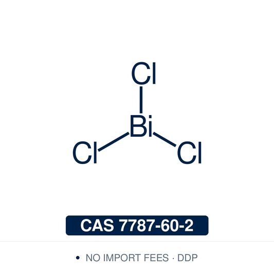 Chemical structure of Bismuth(III) chloride (BiCl3, bismuth trichloride), CAS 7787-60-2, ≥97% — inorganic bismuth(III) halide (BiCl3, 315.34) in which three chlorides surround a Bi(III) centre with a stereochemically active lone pair, the source of its Lewis acidity. Used as a low-toxicity Lewis acid catalyst for Mukaiyama aldol, Michael and Biginelli reactions, and as the bismuth precursor to BiOCl photocatalysts, bismuth halide perovskites and Bi2S3. Supplied by NorrChemica with DDP shipping. CoA and SDS