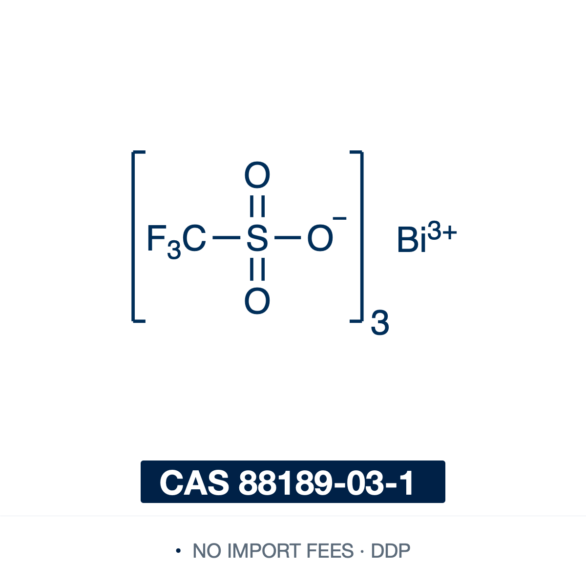 Chemical structure of Bismuth(III) Trifluoromethanesulfonate (Bi(OTf)3; bismuth triflate), CAS 88189-03-1, ≥98% — the bismuth(III) salt of triflic acid (C3BiF9O9S3): a Bi3+ centre with three triflate ligands. A water-tolerant, low-toxicity Lewis acid catalyst and a non-corrosive alternative to triflic acid, active at low loadings in Friedel-Crafts acylation, Mukaiyama aldol, acetal formation, glycosylation, and dehydrative substitution of allylic and benzylic alcohols. Supplied by NorrChemica with DDP