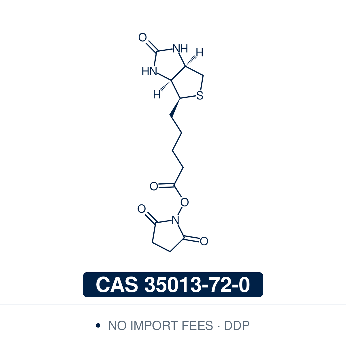 Chemical structure of Biotin N-hydroxysuccinimide ester (NHS-biotin), CAS 35013-72-0, ≥97% — the amine-reactive biotinylation reagent (C14H19N3O5S): D-biotin with its valeric acid carboxyl activated as an NHS ester. Its NHS ester reacts with primary amines (lysines) in alkaline buffer to form a stable amide, tagging proteins, antibodies and peptides with biotin for streptavidin capture and detection; membrane-permeable for intracellular labeling too. Supplied by NorrChemica with DDP shipping. CoA and SDS