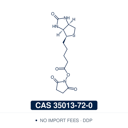 Chemical structure of Biotin N-hydroxysuccinimide ester (NHS-biotin), CAS 35013-72-0, ≥97% — the amine-reactive biotinylation reagent (C14H19N3O5S): D-biotin with its valeric acid carboxyl activated as an NHS ester. Its NHS ester reacts with primary amines (lysines) in alkaline buffer to form a stable amide, tagging proteins, antibodies and peptides with biotin for streptavidin capture and detection; membrane-permeable for intracellular labeling too. Supplied by NorrChemica with DDP shipping. CoA and SDS