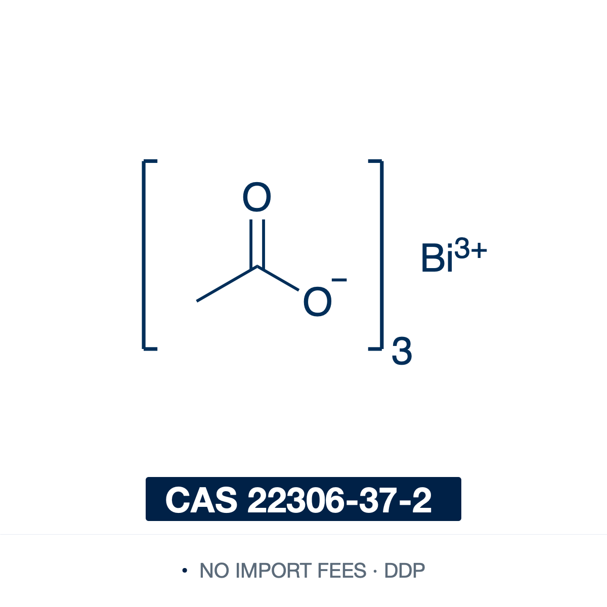 Chemical structure of Bismuth(III) Acetate (Bi(OAc)3; bismuth triacetate), CAS 22306-37-2, ≥99% — the bismuth(III) salt of acetic acid (C6H9BiO6): a Bi3+ centre with three acetate ligands. A low-toxicity Lewis acid catalyst for C-C and C-heteroatom bond formation, and a clean single-source precursor to bismuth materials. It decomposes thermally to Bi2O3 and is used to prepare Bi2S3 for solution-processed solar cells and bismuth titanate photocatalysts. Supplied by NorrChemica with DDP shipping. CoA and SDS