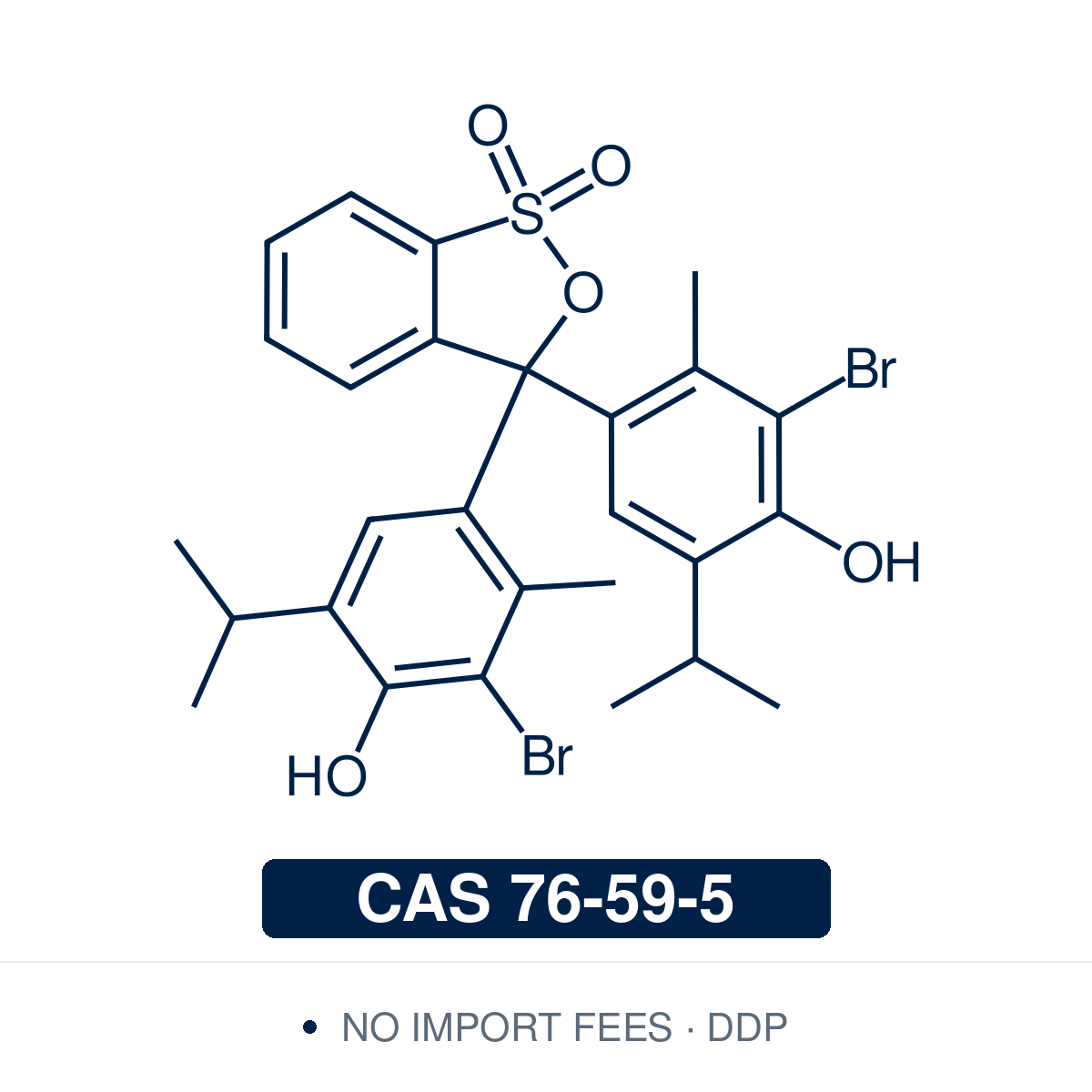 Chemical structure of Bromothymol Blue, CAS 76-59-5, ≥99% — sulfonephthalein pH indicator dye (C.I. 26635) with yellow-to-blue color transition at pH 6.0–7.6 used as a research-grade indicator for near-physiological pH monitoring in cell culture, acid-base titration endpoint detection in analytical chemistry, CO₂ visualization in photosynthesis and respiration methodology, and pH determination in microbiological and aquatic research. Supplied by NorrChemica with DDP shipping. CoA and SDS provided.