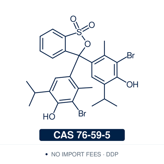 Chemical structure of Bromothymol Blue, CAS 76-59-5, ≥99% — sulfonephthalein pH indicator dye (C.I. 26635) with yellow-to-blue color transition at pH 6.0–7.6 used as a research-grade indicator for near-physiological pH monitoring in cell culture, acid-base titration endpoint detection in analytical chemistry, CO₂ visualization in photosynthesis and respiration methodology, and pH determination in microbiological and aquatic research. Supplied by NorrChemica with DDP shipping. CoA and SDS provided.