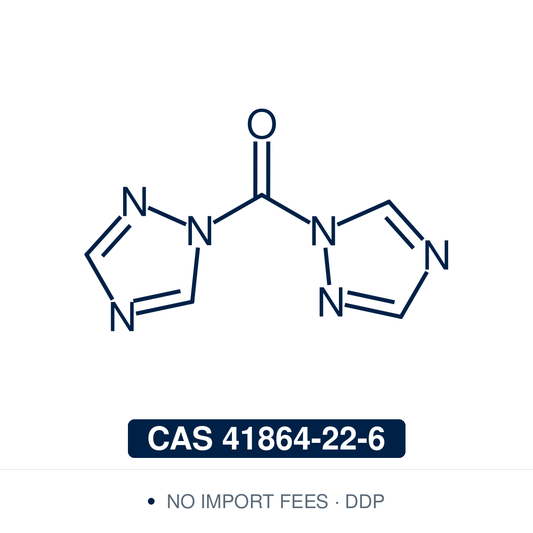 Chemical structure of CDT (1,1'-carbonyldi(1,2,4-triazole); bis(1,2,4-triazol-1-yl)methanone), CAS 41864-22-6, 95% — carbonylating/coupling reagent (C5H4N6O), the 1,2,4-triazole analogue of CDI (carbonyldiimidazole), in which a carbonyl bridges two triazol-1-yl groups. Used to activate carboxylic acids as acyl-triazole intermediates for amide and ester formation, and as a phosgene-free reagent for the synthesis of ureas and carbamates. Supplied by NorrChemica with DDP shipping. CoA and SDS provided.