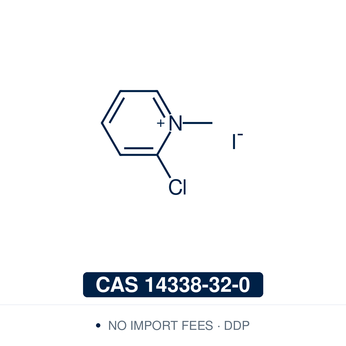 Chemical structure of Mukaiyama's reagent (CMPI, 2-chloro-1-methylpyridinium iodide), CAS 14338-32-0, ≥95% — dehydrative condensation agent (C6H7ClIN) whose N-methylated 2-chloropyridine ring is strongly electrophilic, letting a carboxylic acid displace chloride to give an acyloxypyridinium salt that alcohols and amines attack directly. Used for ester and amide bond formation, macrolactonisation, beta-lactam synthesis and dehydration of aldoximes to nitriles. Supplied by NorrChemica with DDP shipping. 