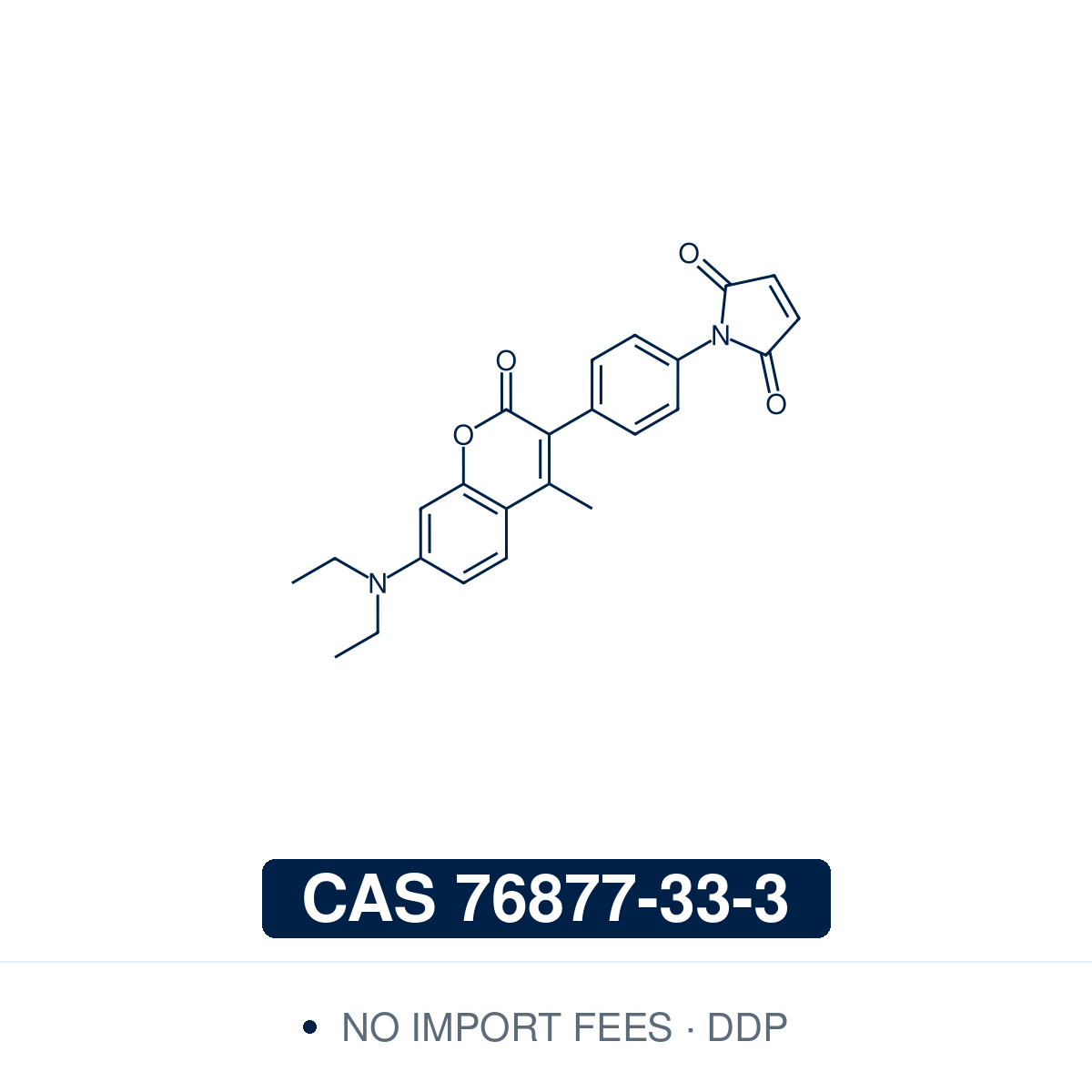 Chemical structure of CPM (7-diethylamino-3-(4-maleimidophenyl)-4-methylcoumarin), CAS 76877-33-3, ≥98% — a thiol-reactive coumarin maleimide, near-non-fluorescent until Michael addition of a cysteine thiol switches on blue emission, used for thiol quantification, protein labelling and membrane-protein thermal-stability assays. Supplied by NorrChemica with DDP shipping. CoA and SDS provided.