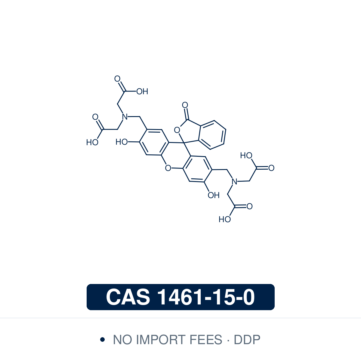 Chemical structure of Calcein (fluorexon), CAS 1461-15-0 — a fluorescein-derived chelating fluorophore carrying two iminodiacetic acid arms, its green emission quenched by Fe, Cu, Co and Ni and restored on EDTA addition, used for complexometric calcium titration, live-cell viability staining as calcein-AM and bone mineralisation labelling. Supplied by NorrChemica with DDP shipping. CoA and SDS provided.