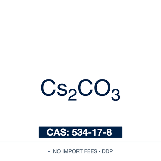 Chemical structure of Cesium Carbonate (anhydrous), Cs₂CO₃, CAS 534-17-8, ≥99% — mild inorganic base widely used in palladium-catalysed cross-couplings (Suzuki-Miyaura, Buchwald-Hartwig), N- and O-alkylation reactions, and selective deprotonation in organic synthesis. Supplied by NorrChemica with DDP shipping. CoA and SDS provided.​​​​​​​​​​​​​​​​