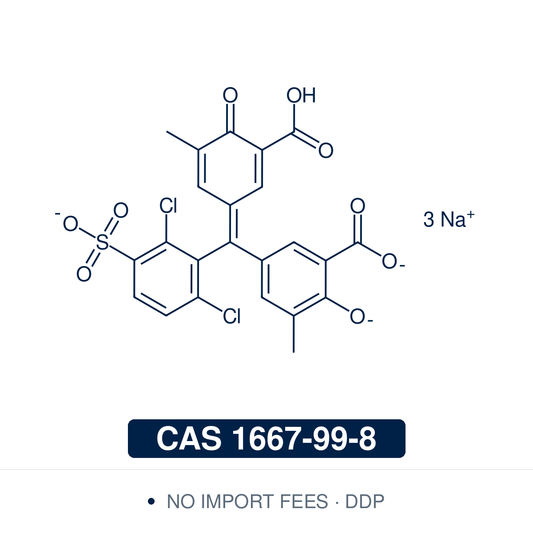 Chemical structure of Chrome Azurol S, CAS 1667-99-8, Analytical Reagent Grade — triarylmethane dye used as a colorimetric metal-ion indicator for spectrophotometric determination of aluminium, beryllium, and copper. Supplied by NorrChemica with DDP shipping. CoA and SDS provided.