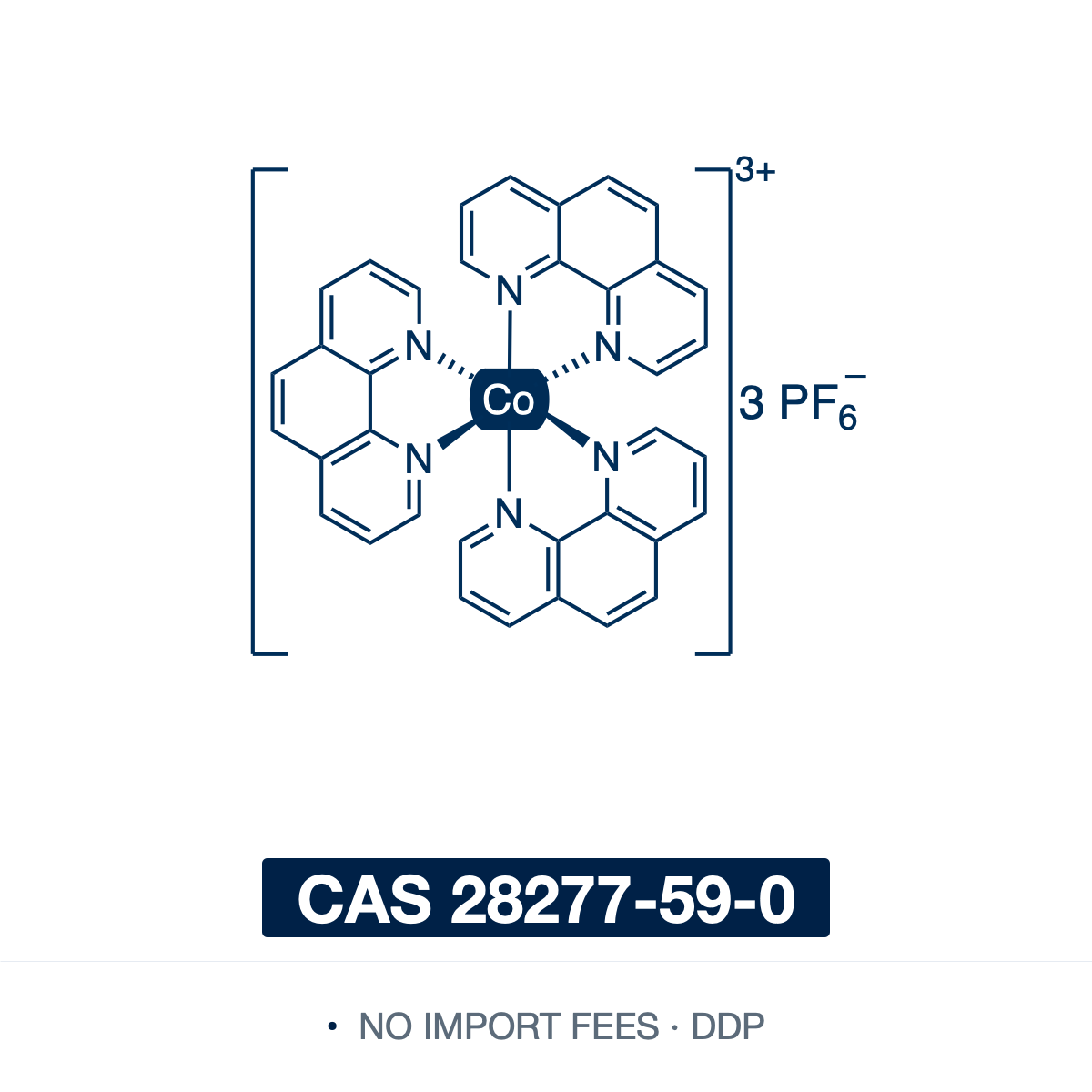 Chemical structure of Tris(1,10-phenanthroline)cobalt(III) Tris(hexafluorophosphate) (Co(phen)33), CAS 28277-59-0, ≥95% — octahedral cobalt(III) polypyridyl complex (C36H24CoF18N6P3), drawn as the [Co(phen)3]3+ trication — three chelating 1,10-phenanthroline ligands — with three hexafluorophosphate (PF6-) counterions. A redox mediator and hole-conductor p-dopant for dye-sensitized solar cells, and a one-electron oxidant in electrochemical studies. Supplied by NorrChemica with DDP shipping. CoA and SDS