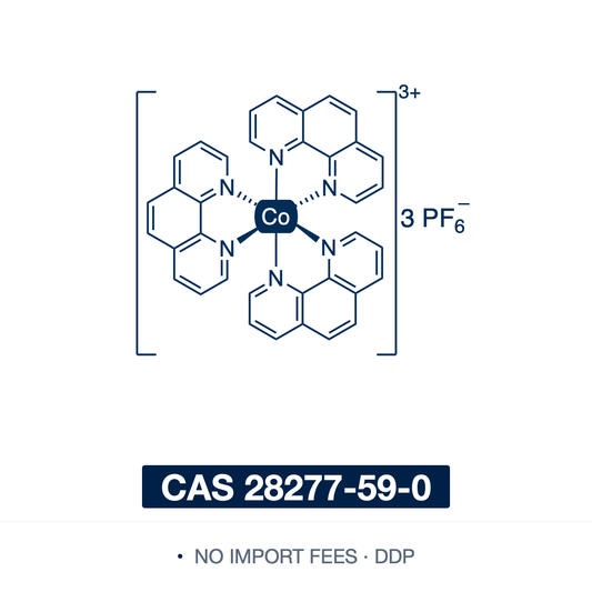 Chemical structure of Tris(1,10-phenanthroline)cobalt(III) Tris(hexafluorophosphate) (Co(phen)33), CAS 28277-59-0, ≥95% — octahedral cobalt(III) polypyridyl complex (C36H24CoF18N6P3), drawn as the [Co(phen)3]3+ trication — three chelating 1,10-phenanthroline ligands — with three hexafluorophosphate (PF6-) counterions. A redox mediator and hole-conductor p-dopant for dye-sensitized solar cells, and a one-electron oxidant in electrochemical studies. Supplied by NorrChemica with DDP shipping. CoA and SDS