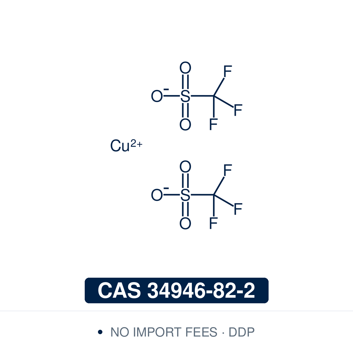 Chemical structure of Copper(II) trifluoromethanesulfonate (copper(II) triflate, Cu(OTf)₂), CAS 34946-82-2, ≥98% — the copper(II) salt of trifluoromethanesulfonic acid, a hygroscopic white to grey to blue powder. Used in Mannich condensations, Friedel–Crafts and Henry reactions, annulative amination, carbazole synthesis by intramolecular oxidative C–N bond formation and the addition of trimethylsilyl cyanide to carbonyl compounds. Supplied by NorrChemica with DDP shipping. CoA and SDS provided.
