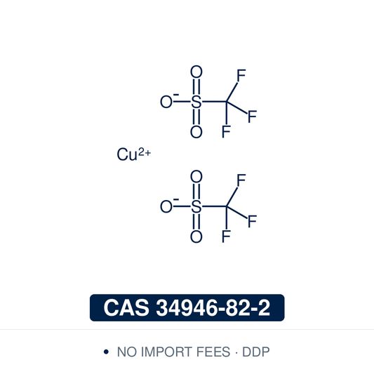 Chemical structure of Copper(II) trifluoromethanesulfonate (copper(II) triflate, Cu(OTf)₂), CAS 34946-82-2, ≥98% — the copper(II) salt of trifluoromethanesulfonic acid, a hygroscopic white to grey to blue powder. Used in Mannich condensations, Friedel–Crafts and Henry reactions, annulative amination, carbazole synthesis by intramolecular oxidative C–N bond formation and the addition of trimethylsilyl cyanide to carbonyl compounds. Supplied by NorrChemica with DDP shipping. CoA and SDS provided.
